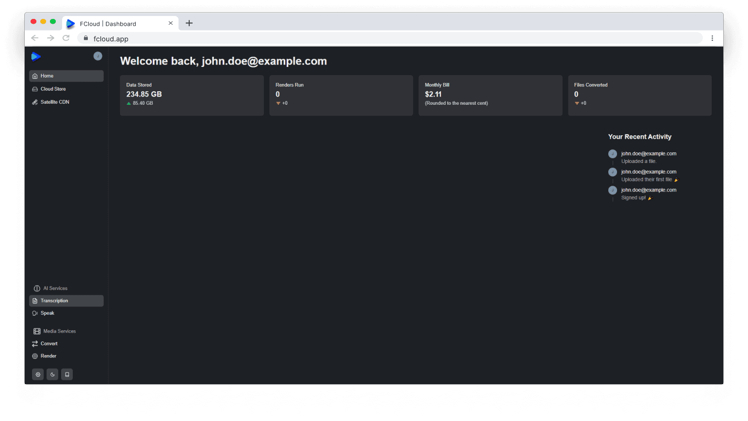 Screenshot of the FCloud dashboard